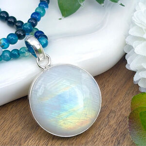 Solid Sterling Silver 925 Rainbow Moonstone Pendant Necklace Boho Southwest New
